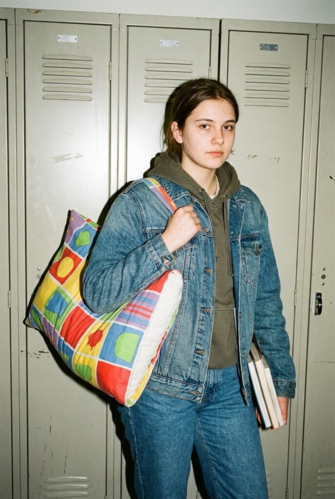 Nastolatka trzymająca książki w poszewce na poduszkę przy szkolnych szafkach