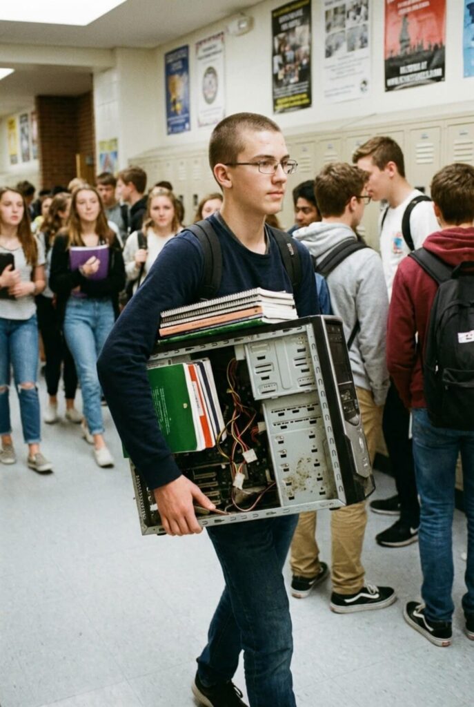 Nastolatek niosący książki wewnątrz obudowy komputera stacjonarnego