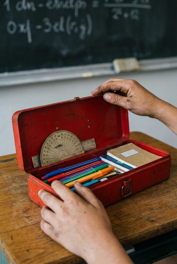 Otwarta skrzynka na narzędzia pełniąca funkcję piórnika i plecaka