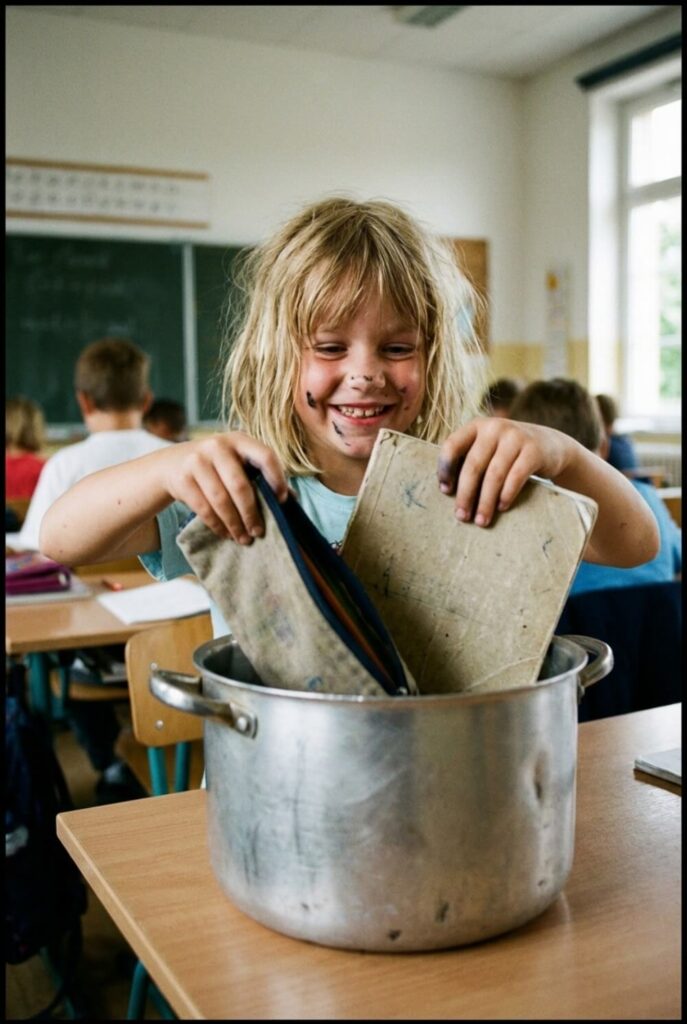 Dziewczynka w szkole wyjmująca przybory z dużego garnka