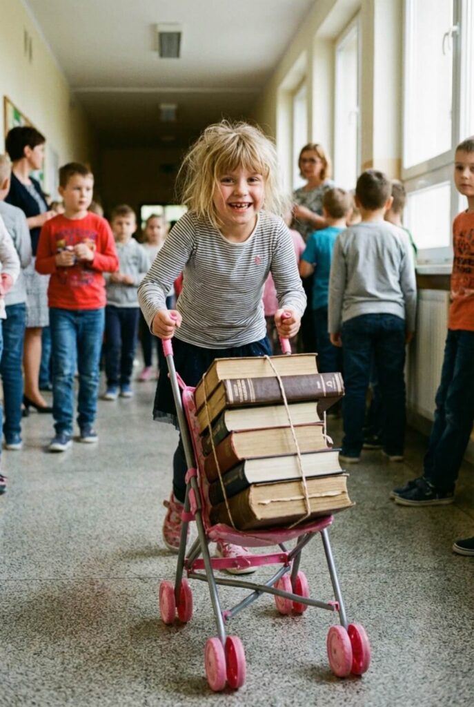 Mała dziewczynka pchająca wózek dla lalek wypełniony książkami