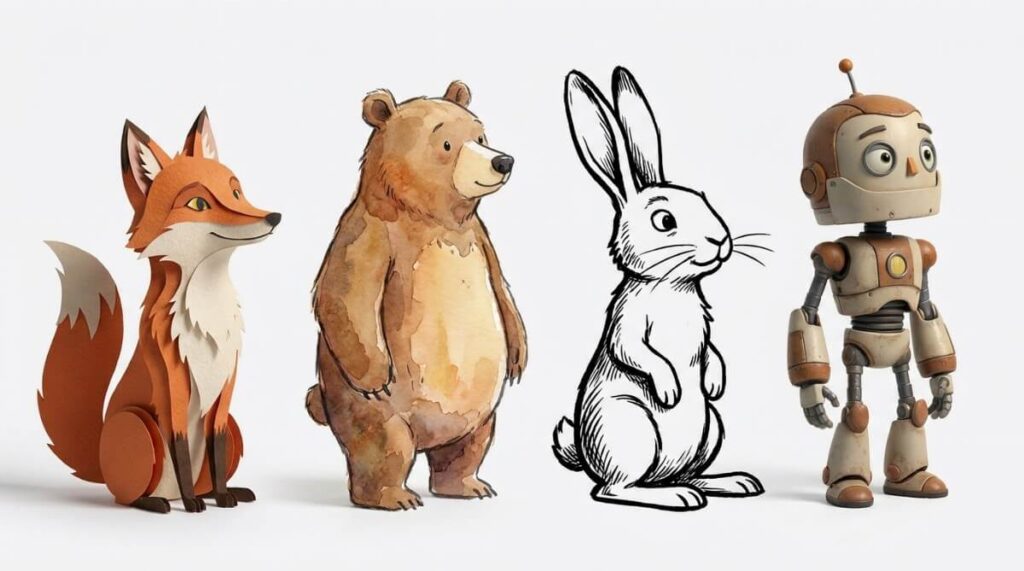 Postacie z bajek różnych studiów animacji w różnych technikach