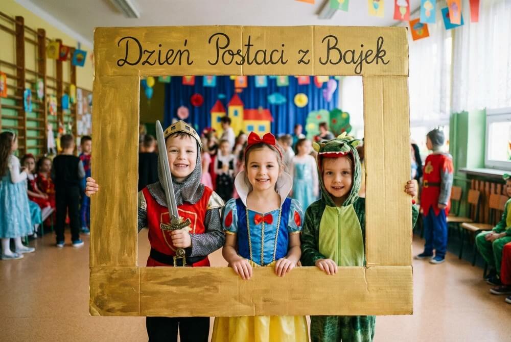Dzieci w strojach bajkowych pozują w złotej ramie fotobudki z napisem Dzień Postaci z Bajek