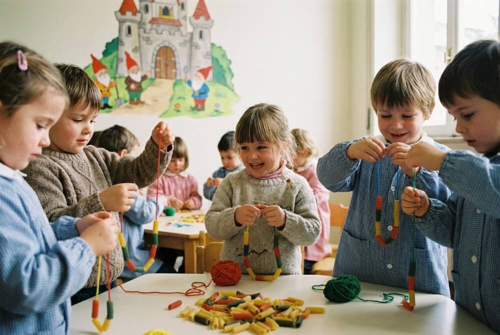 Dzieci nawlekają kolorowy makaron na sznurki, robiąc korale dla bajkowej królewny w udekorowanej sali