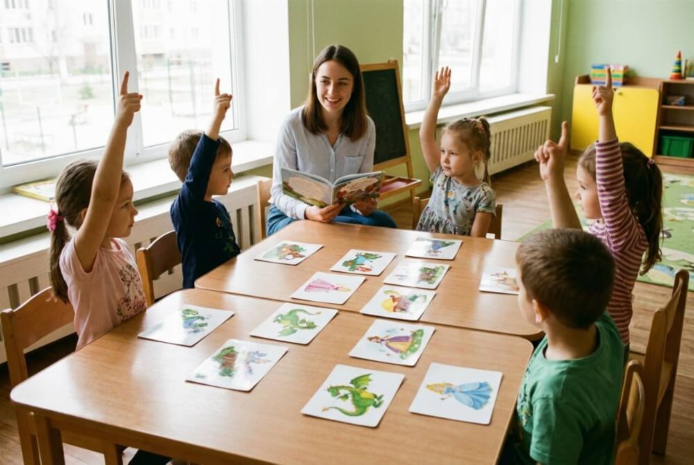 Dzieci siedzą przy stolikach i zgłaszają się do odpowiedzi podczas quizu o bohaterach bajek