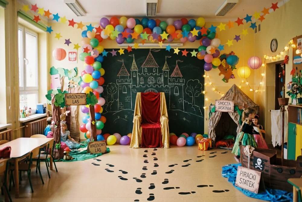 Tron z czerwonej tkaniny na tle dużego zamku, otoczony balonami i papierowymi śladami stóp w udekorowanej sali