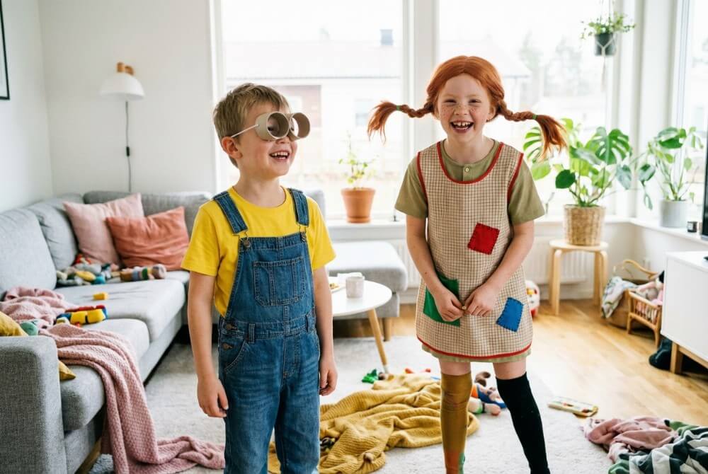 Chłopiec przebrany za Minionka w goglach z rolek i dziewczynka jako Pippi Pończoszanka w kolorowych skarpetach
