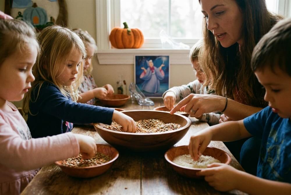 Dzieci przy stoliku uczestniczą w Wyzwaniu Kopciuszka, sortując ziarna do osobnych misek