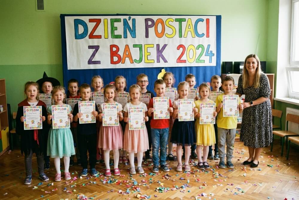 Grupa dzieci z uśmiechem prezentuje dyplomy Znawcy Bajek na tle dekoracji Dzień Postaci z Bajek