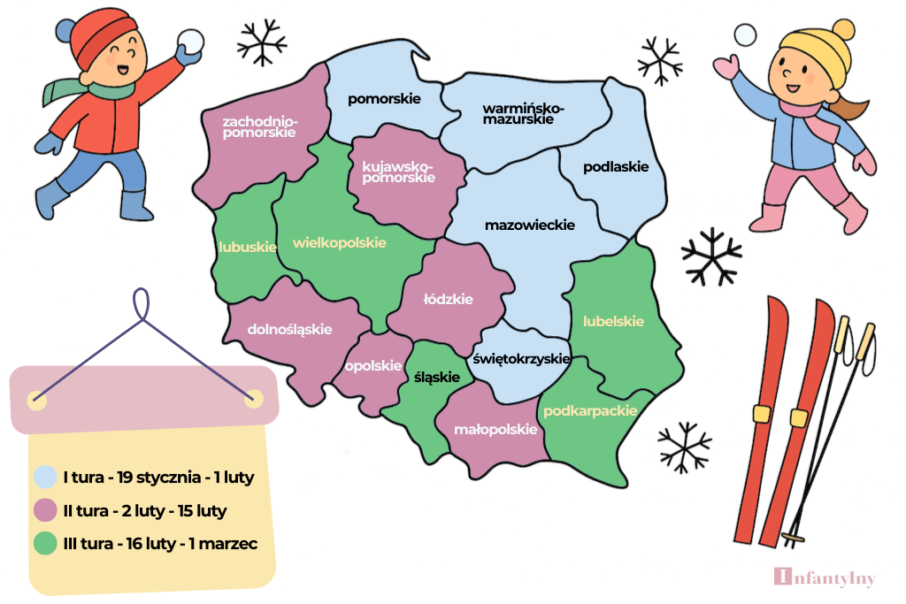 Ferie zimowe 2026 - mapa z datami dla wszystkich województw