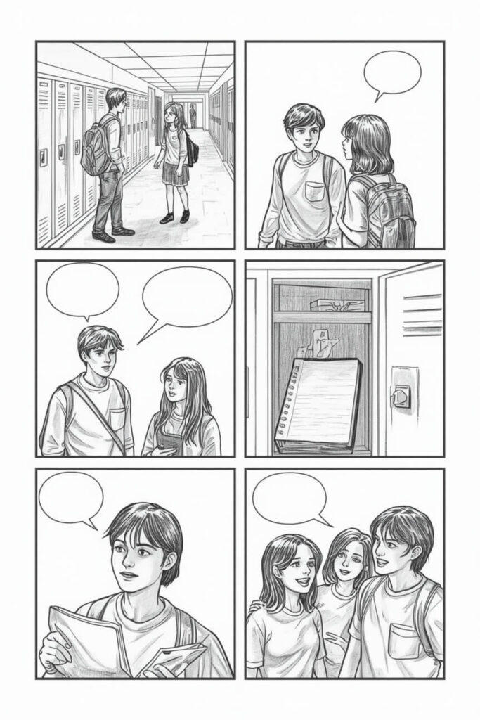 Czarno-biały komiks, scenka z uczniami na korytarzy szkolnym