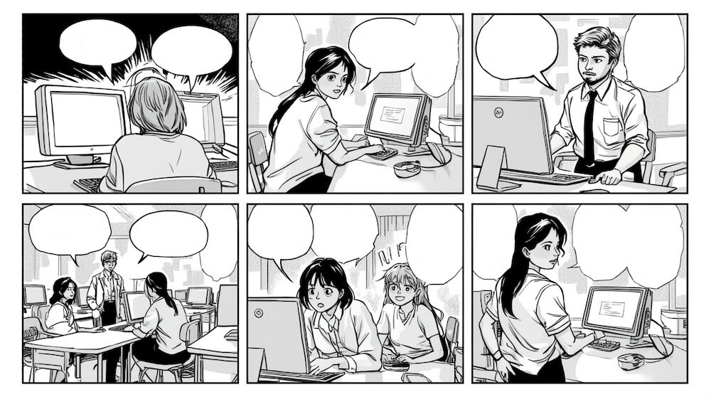 Komiks, scenka z uczennicami przy komputerach