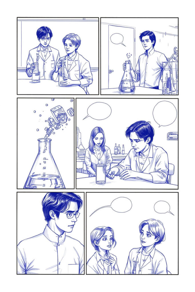 Komiks długopisem, scenka w laboratorium chemicznym