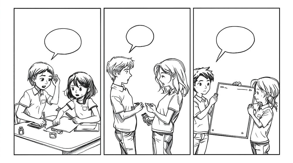 Komiks, scenka z uczniami przygotowującymi projekt