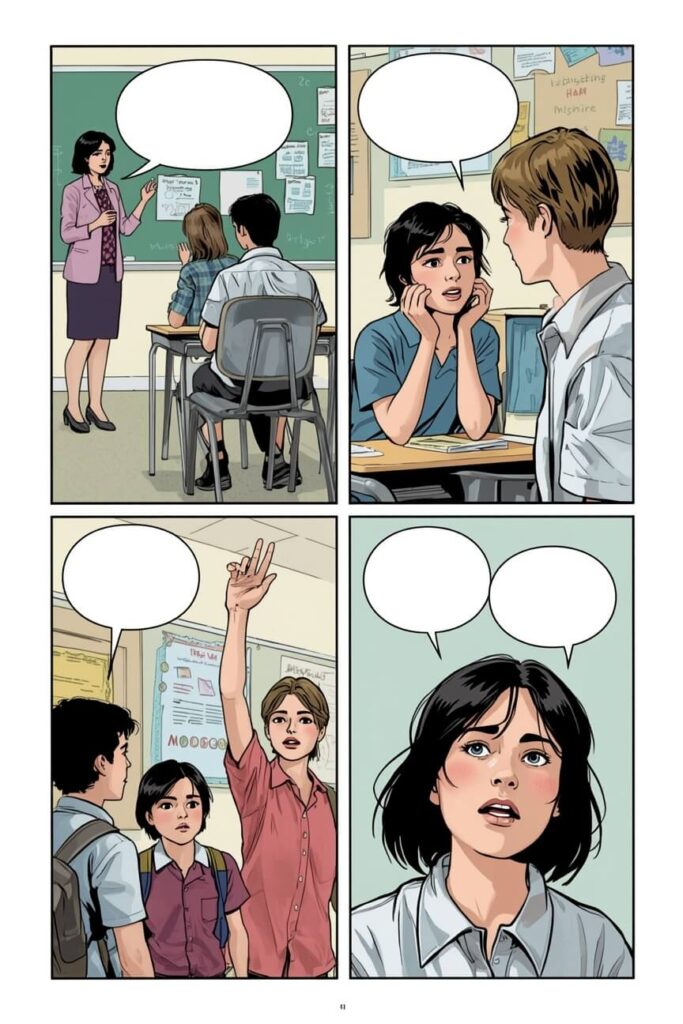 Wzór kolorowego komiksu, scenka w klasie