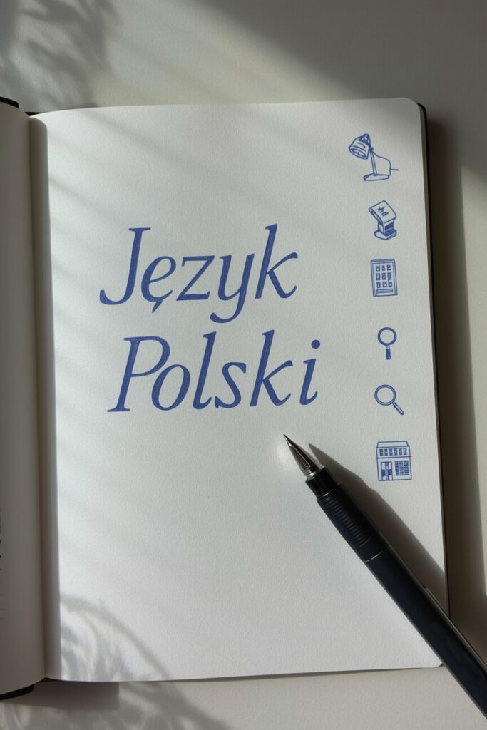 Pierwsza strona w zeszycie do języka polskiego wykonana długopisem - tytuł przedmioty i motywy edukacyjne