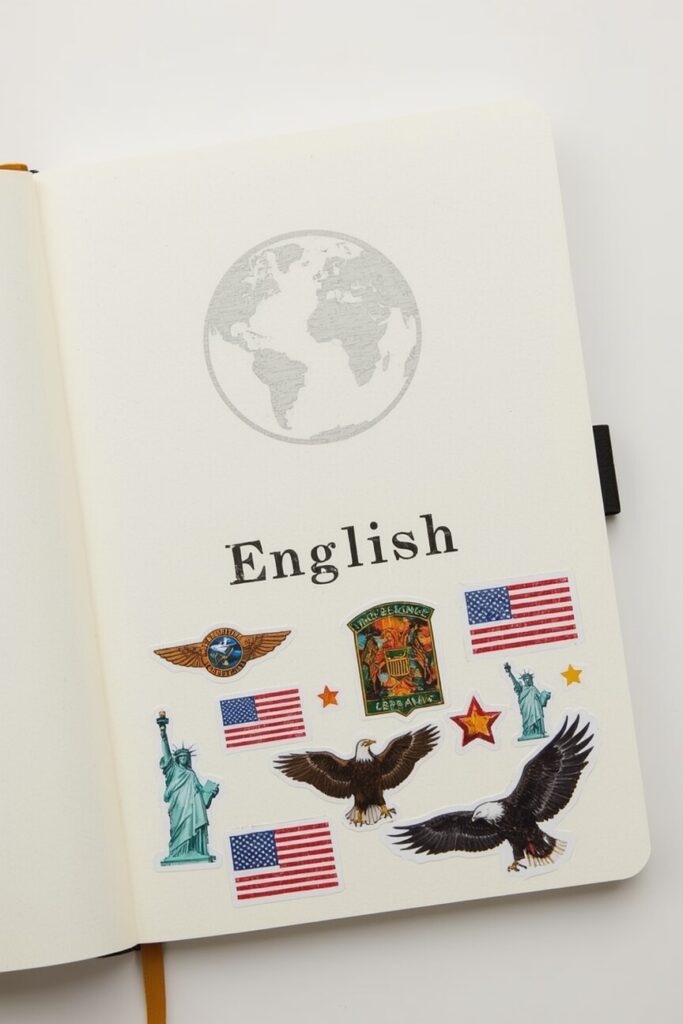 Pierwsza strona zeszytu do angielskiego - naklejki, symbole USA