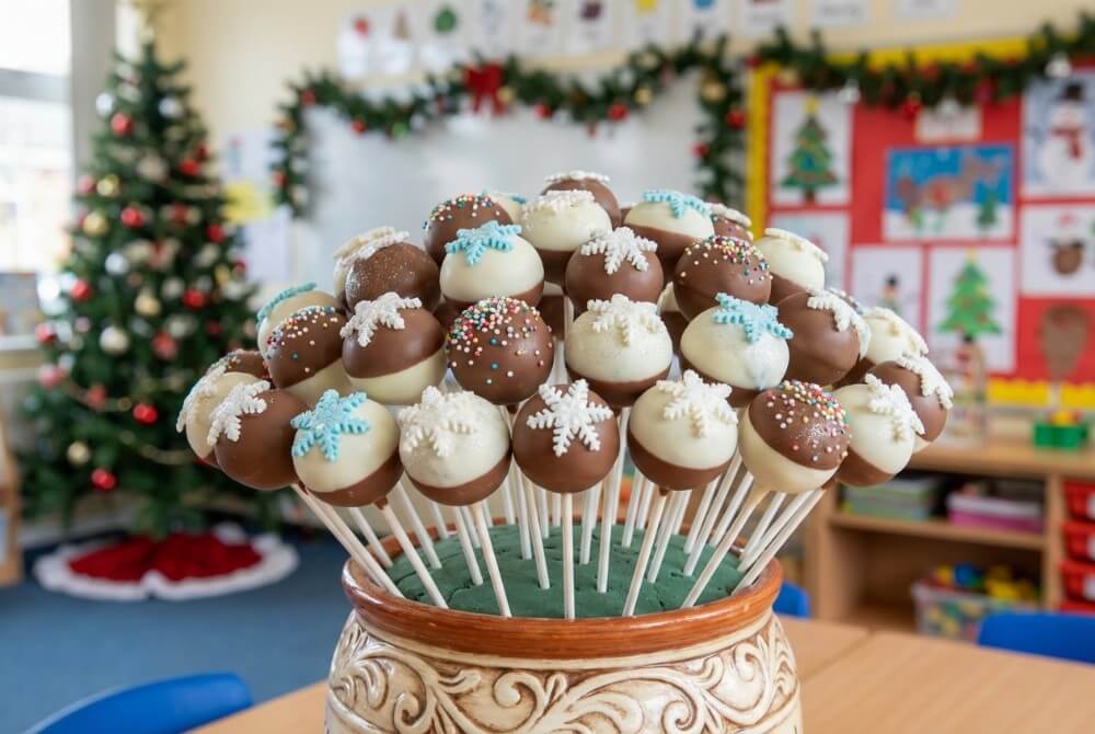 Bukiet kolorowych Cake Pops na patyczkach, oblewanych polewą i ozdobionych śnieżynkowymi posypkami, ustawiony na świątecznym stoisku.