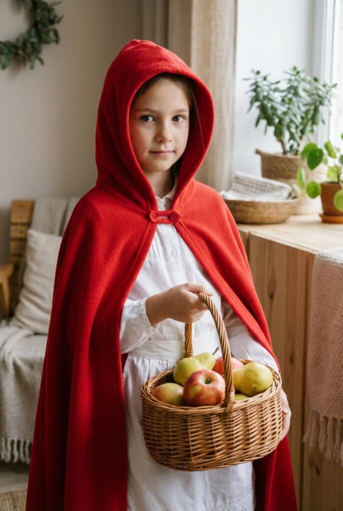 Dziewczynka w czerwonej pelerynie z kapturem trzymająca wiklinowy koszyk