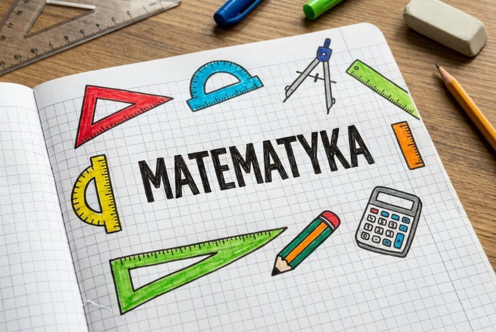 Pierwsza strona zeszytu z tytułem „Matematyka” i komiksowymi doodlami przyborów matematycznych dookoła