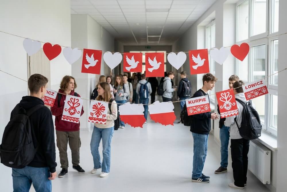 Szkolny korytarz z płaskimi biało-czerwonymi girlandami z papieru, przedstawiającymi serca, gołębie pokoju, kontury Polski i motywy ludowe na jutowym sznurku.