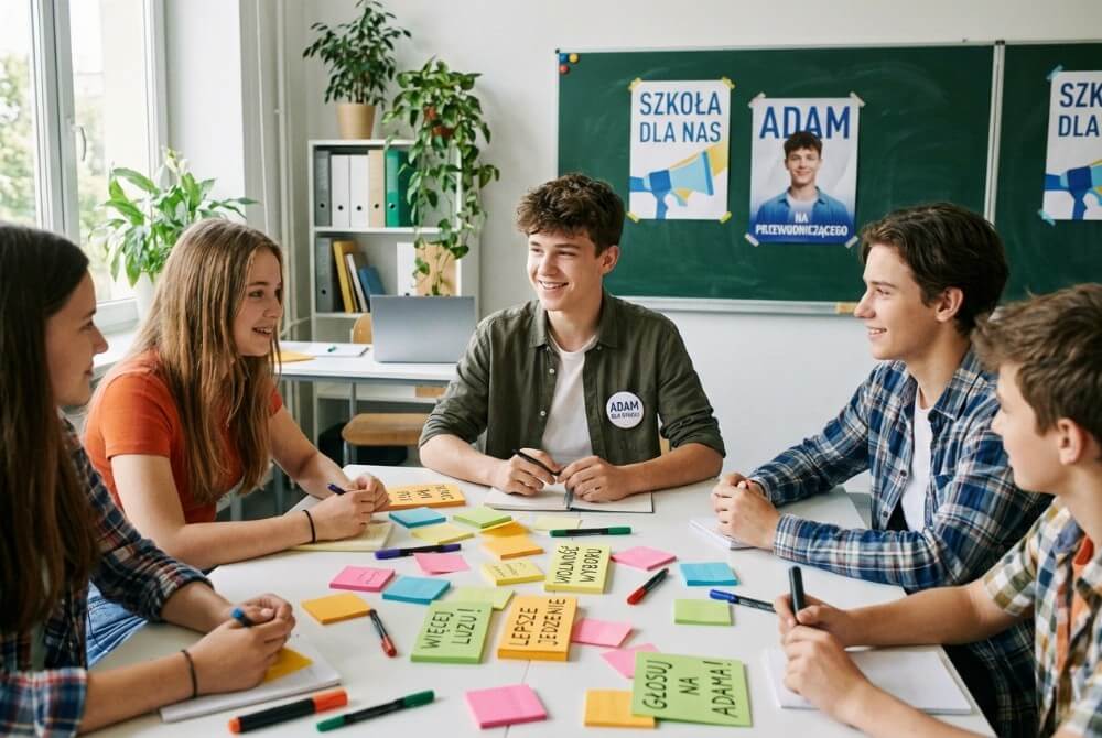 Grupa uczniów w klasie wspólnie wymyśla hasła wyborcze przy stole pełnym kolorowych karteczek i markerów, obok widać tablicę z plakatami.