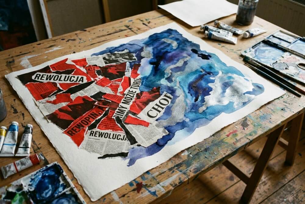 Artystyczny kolaż na plakacie przedstawiający kontrastowe emocje muzyki Chopina za pomocą czerwono-czarnych i niebiesko-srebrnych abstrakcyjnych form