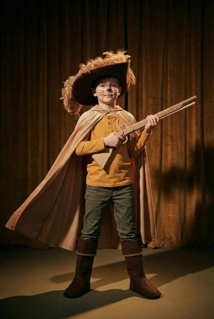 Chłopiec z narysowanymi wąsami w kapeluszu i pelerynie jako Kot w Butach