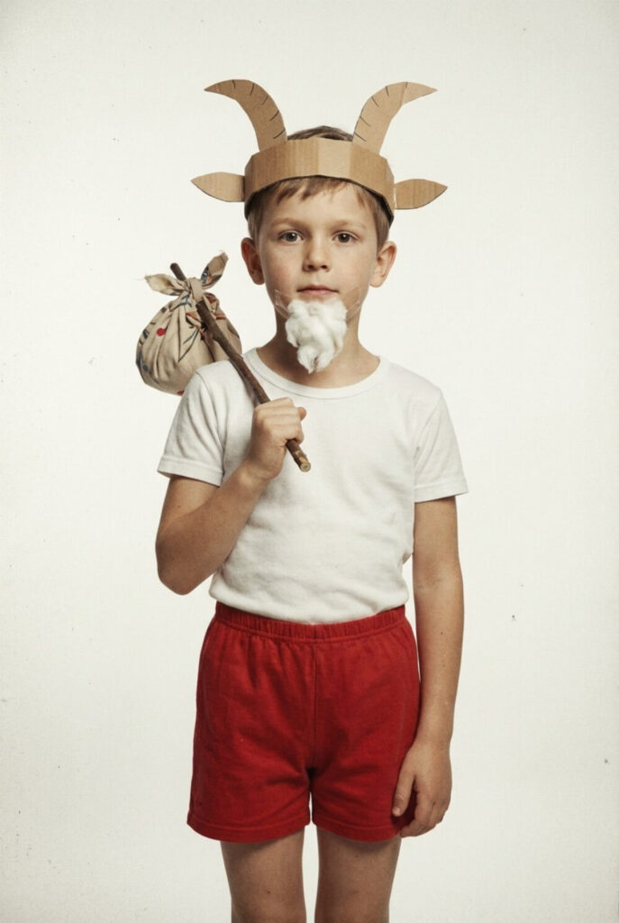 Chłopiec w czerwonych spodenkach i z papierowymi rogami jako Koziołek Matołek