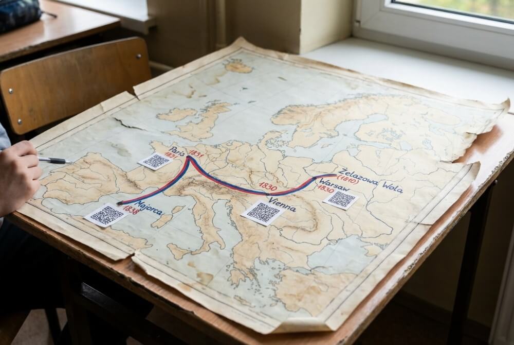 Uczniowska mapa Europy pokazująca trasę podróży Fryderyka Chopina z zaznaczonymi miastami i kodami QR przy każdym punkcie