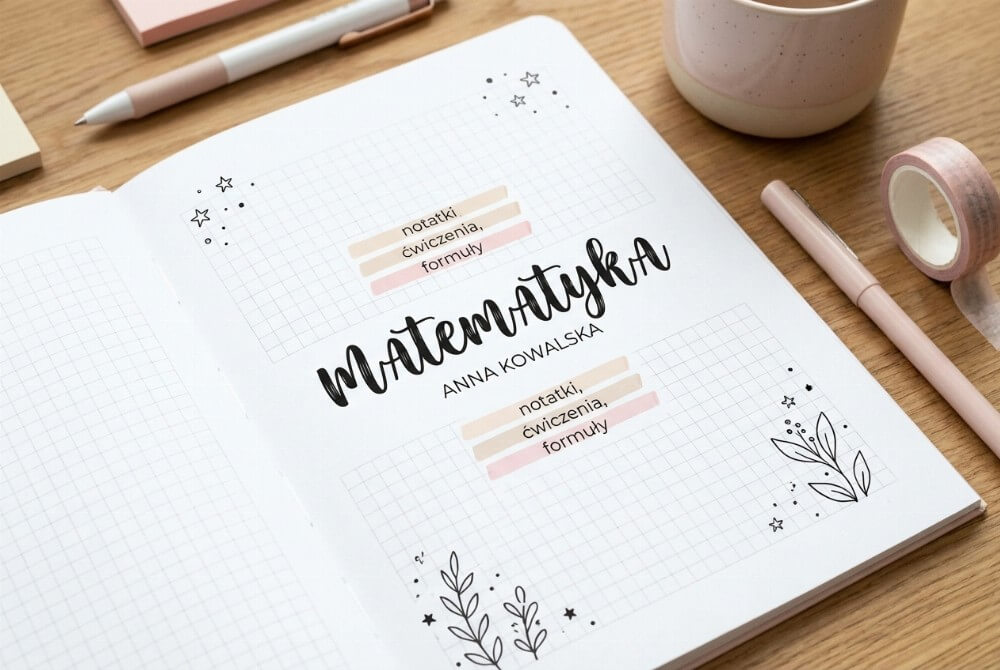 Pierwsza strona zeszytu w pastelowym stylu aesthetic z kaligraficznym tytułem „Matematyka” i dużą ilością pustej przestrzeni