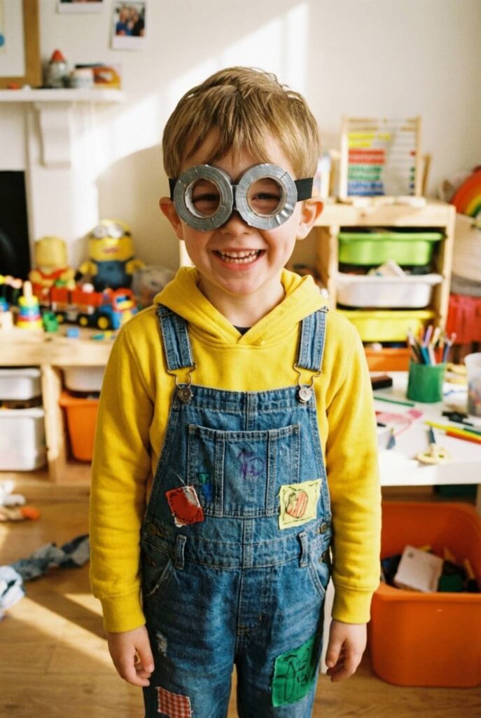 Chłopiec w żółtej bluzie i ogrodniczkach z własnoręcznie zrobionymi goglami Minionka