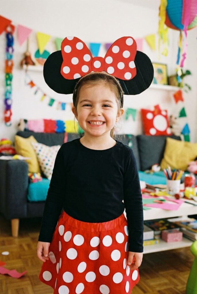 Dziewczynka w opasce z uszami i spódniczce w grochy jako Myszka Minnie