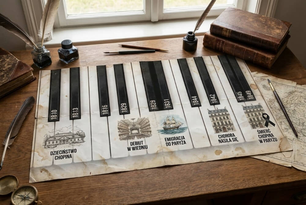 Plakat z osią czasu życia Fryderyka Chopina stylizowaną na klawiaturę fortepianu z datami i rysunkami ważnych wydarzeń