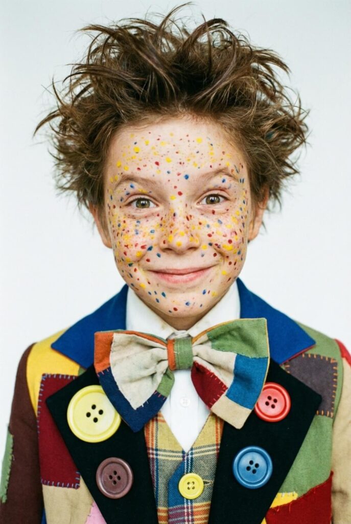 Chłopiec z kolorowymi piegami i guzikami przebrany za Pana Kleksa