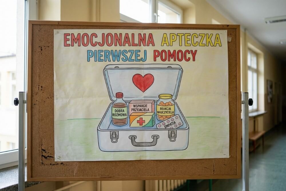 zdjęcie szkolnej tablicy z plakatem „apteczka pierwszej pomocy emocjonalnej”, pokazującym symboliczne leki na agresję i trudne emocje