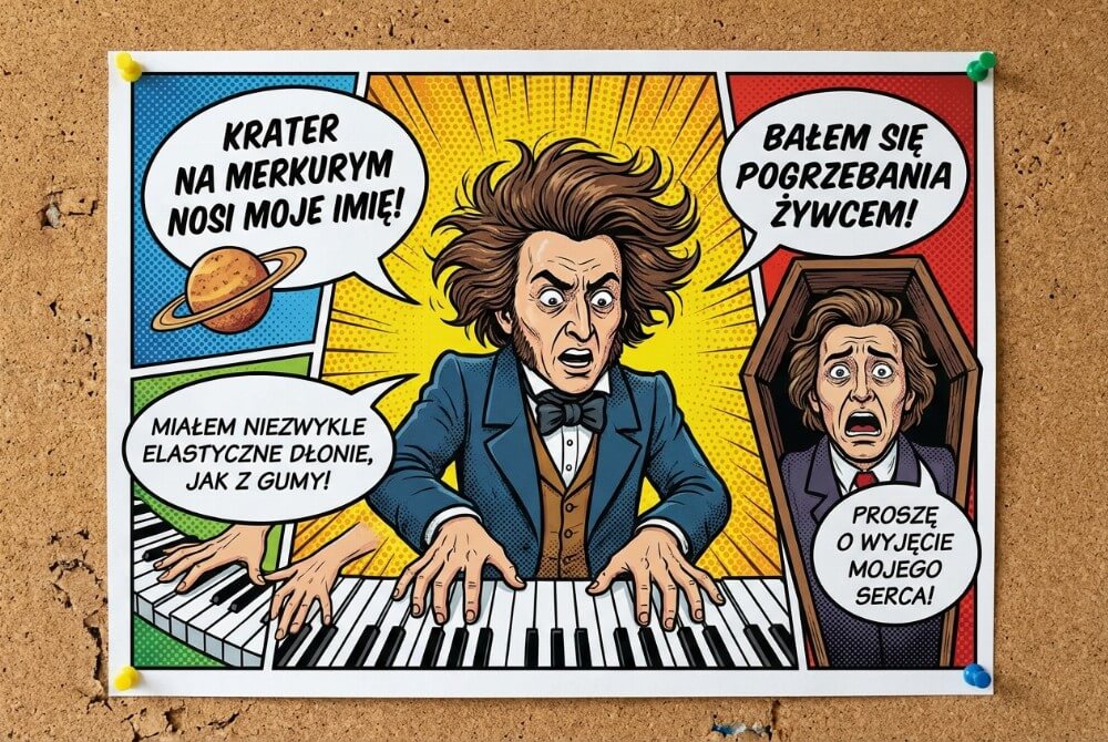 Komiksowy plakat o Fryderyku Chopinie z rysunkową postacią kompozytora pośrodku i kolorowymi dymkami z ciekawostkami wokół