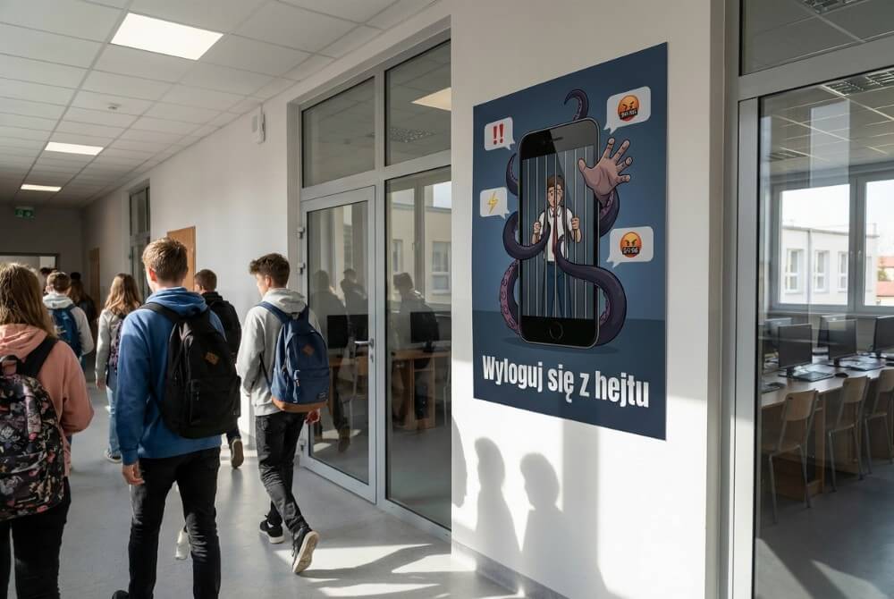 zdjęcie plakatu o cyberprzemocy wiszącego w szkole, z motywem ucznia uwięzionego w ekranie smartfona i hasłem „Wyloguj się z hejtu”