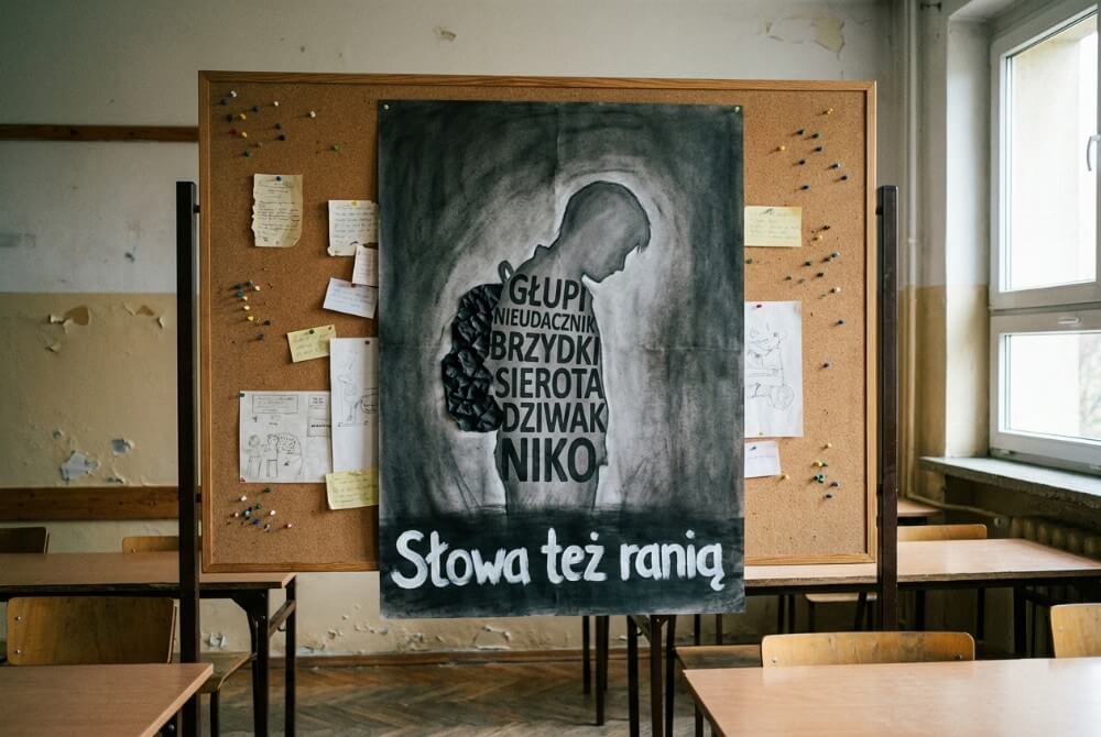 Zdjęcie szkolnej tablicy korkowej z plakatem o przemocy słownej, na którym sylwetka ucznia zbudowana jest z obraźliwych słów