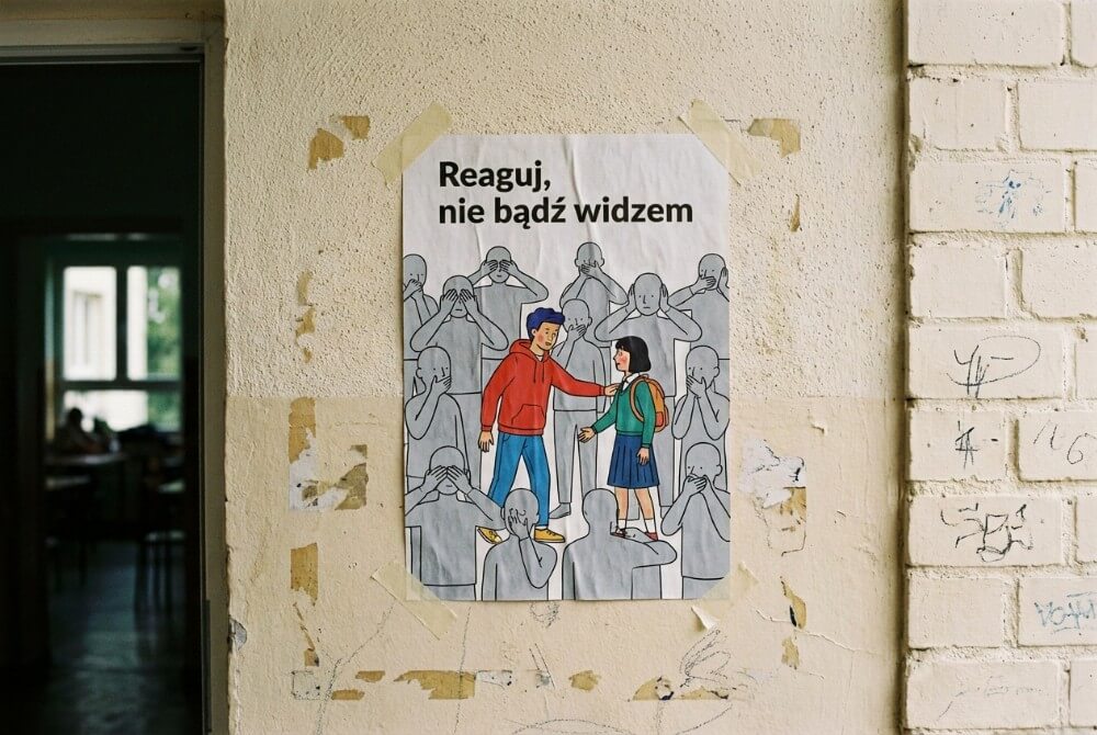 zdjęcie szkolnej ściany z plakatem pokazującym szary tłum i jedną kolorową postać reagującą na przemoc z hasłem „Reaguj, nie bądź widzem”
