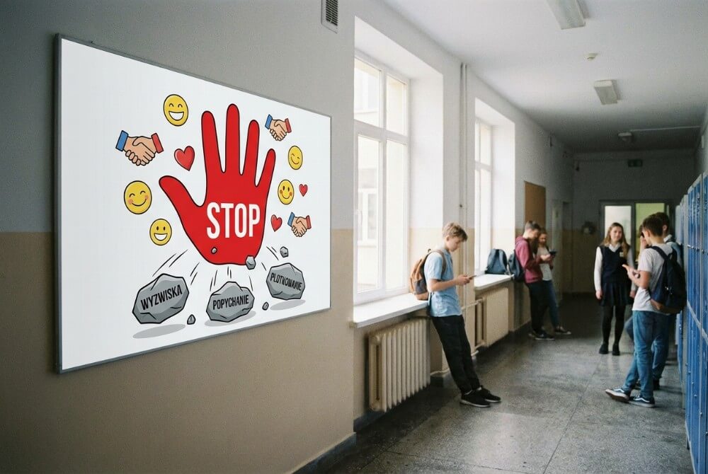 Zdjęcie szkolnego korytarza z plakatem „STOP” przedstawiającym czerwoną dłoń zatrzymującą kamienie opisane rodzajami przemocy.