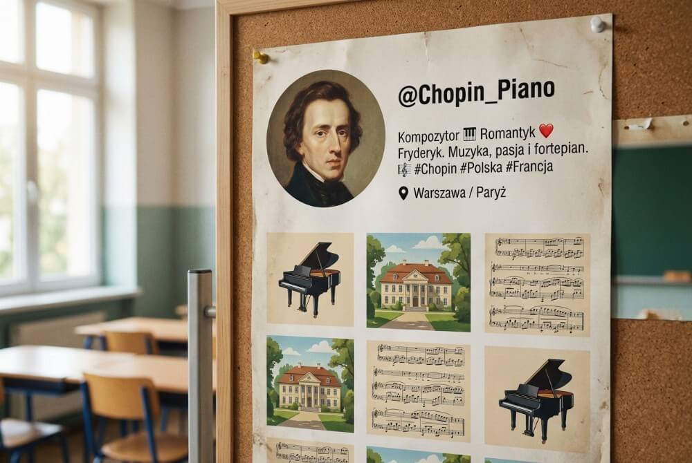 Plakat o Fryderyku Chopinie stylizowany na profil w mediach społecznościowych, z okrągłym zdjęciem profilowym kompozytora i siatką postów na ścianie szkolnej klasy