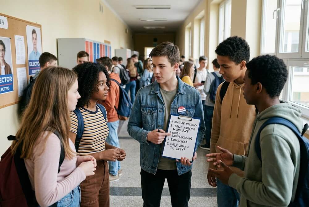 Kandydat na przewodniczącego pokazuje grupie uczniów listę konkretnych obietnic wyborczych na tablecie w korytarzu szkolnym.