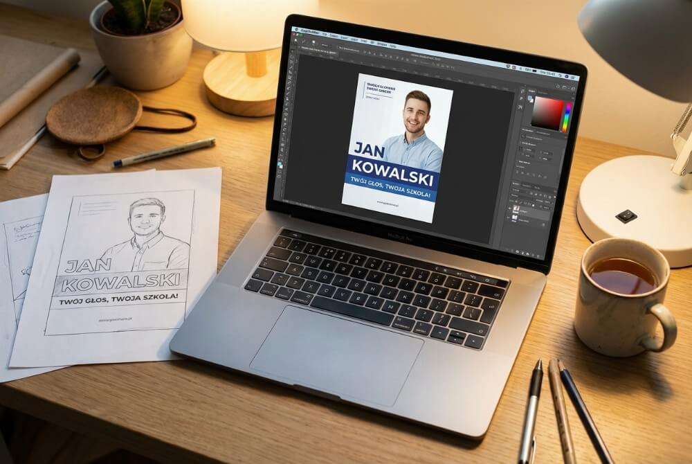 Laptop z otwartym edytorem graficznym pokazuje projekt plakatu wyborczego ucznia na biurku ze szkicami i przyborami.