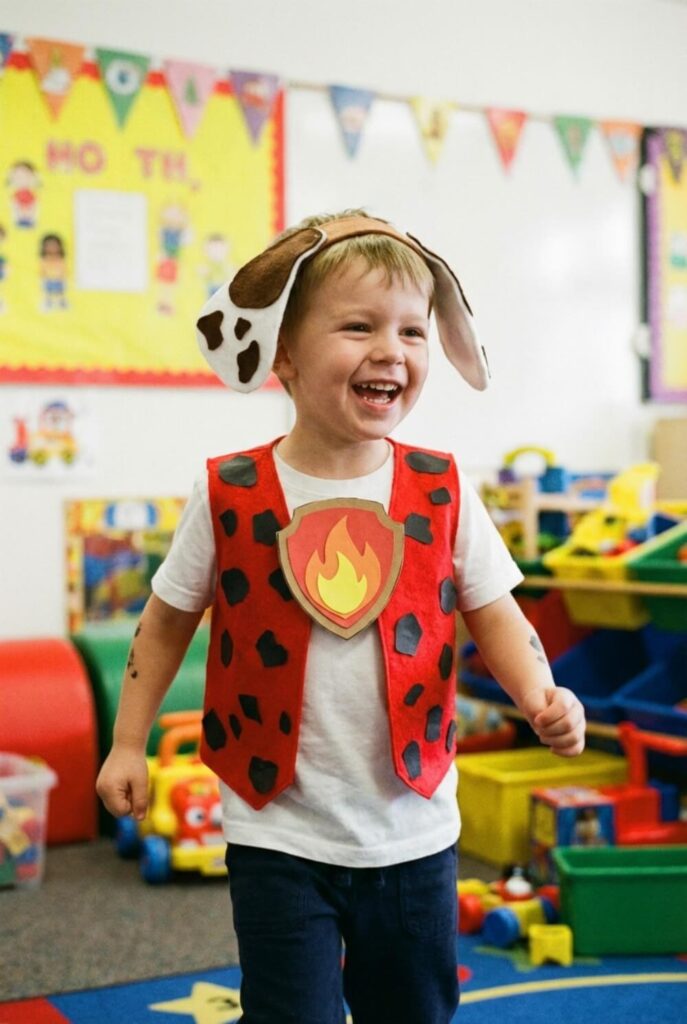 Przedszkolak w stroju pieska Marshalla z łatami i papierową odznaką