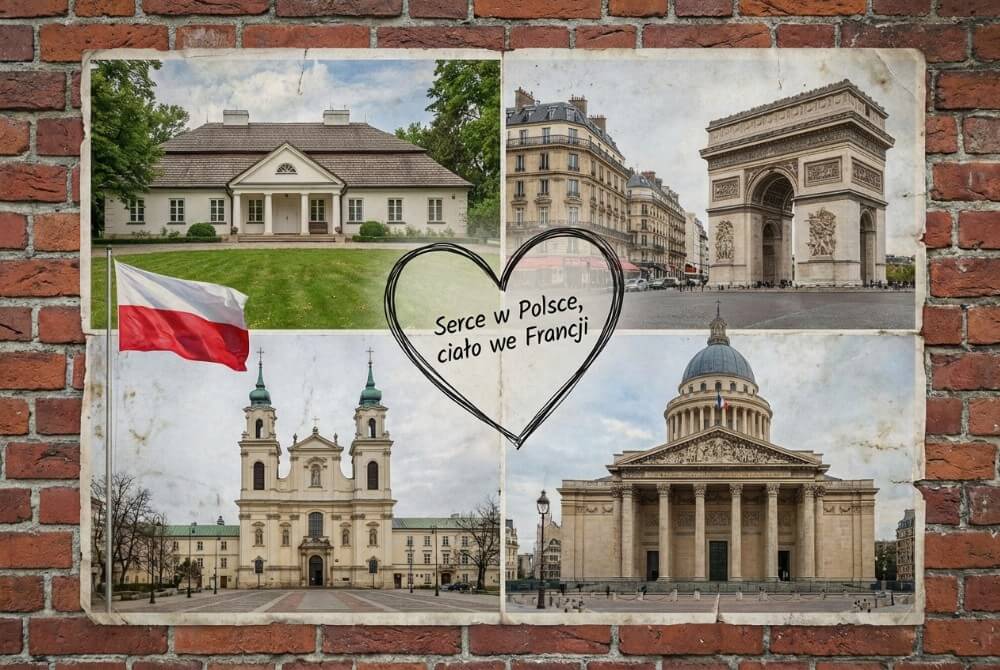 Symboliczny plakat przedstawiający Polskę i Francję jako dwa światy rozdzielone linią, z sercem Chopina na granicy obu krajów