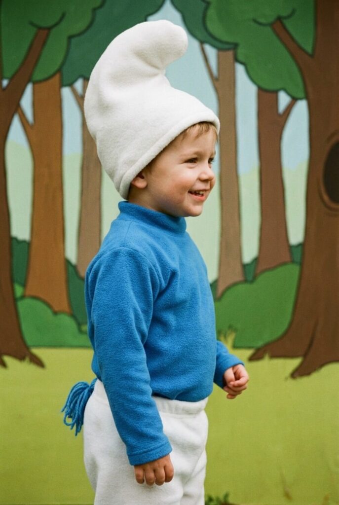 Chłopiec w białej czapce i niebieskim ubraniu jako Smerf