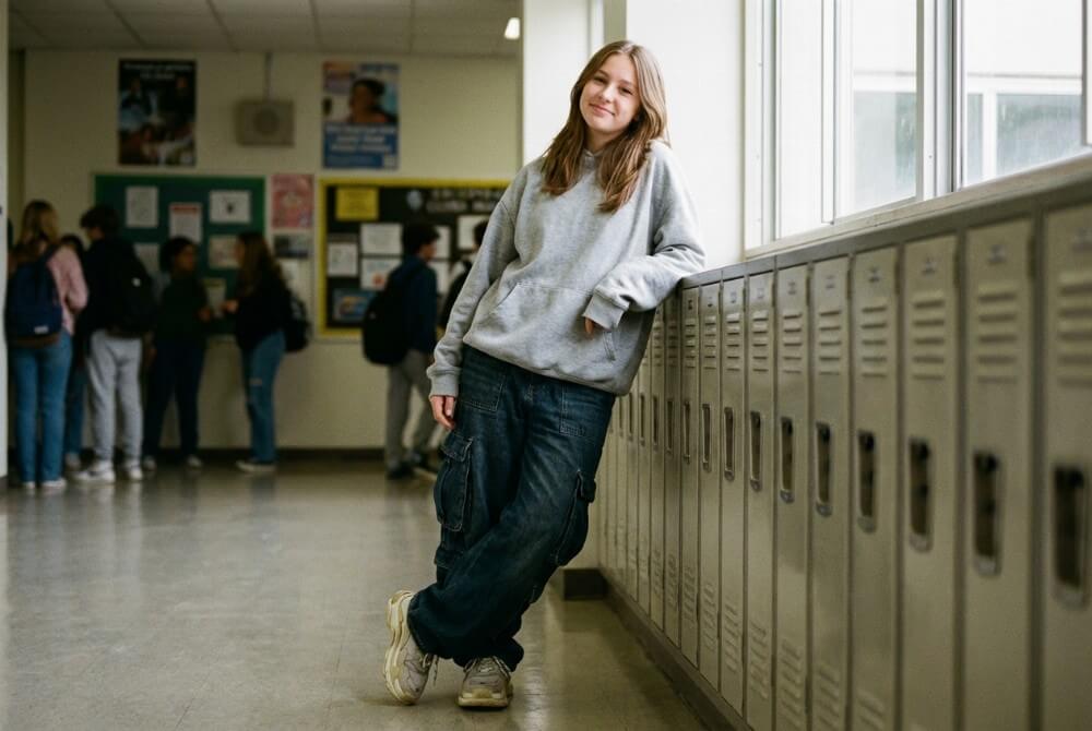 Nastolatka w stylizacji streetwear z szerokimi baggy jeans i oversize’ową bluzą z kapturem, stojąca na szkolnym korytarzu.