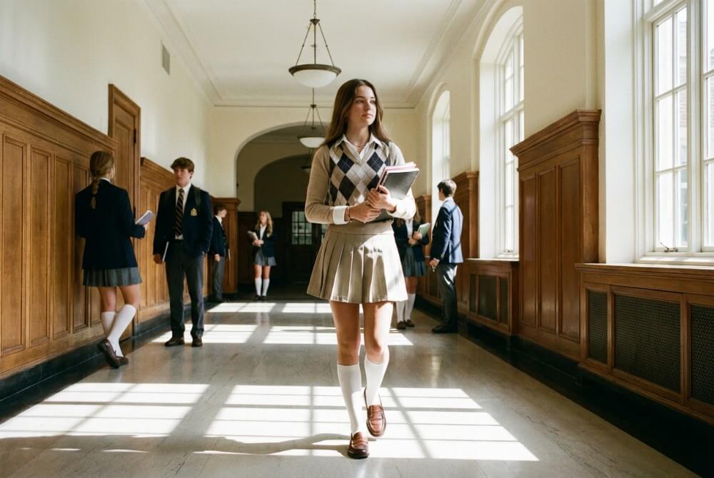 Nastolatka w preppy stylizacji z plisowaną spódniczką tenisową, koszulą i dzianinową kamizelką, idąca korytarzem szkolnym.