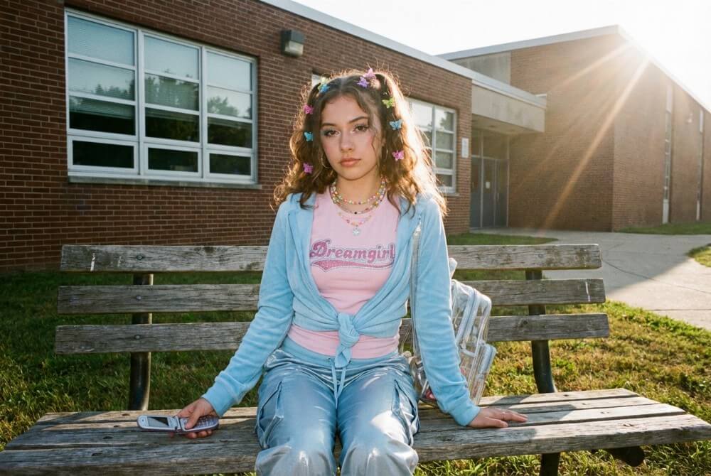 Nastolatka w kolorowej stylizacji Y2K z baby tee, szerokimi spodniami i pastelowymi dodatkami, siedząca przed szkołą.